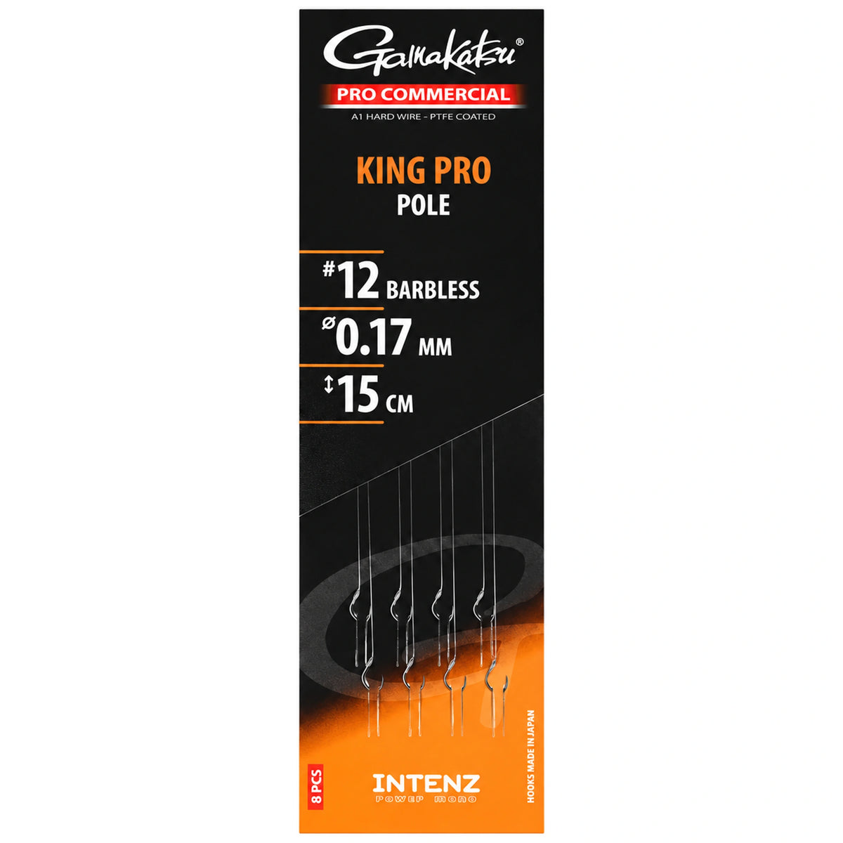 Gamakatsu Pro Commercial King Pro Pole Barbless onderlijnen, haak 12, 0,17 mm en 15 cm, in zwart-oranje verpakking