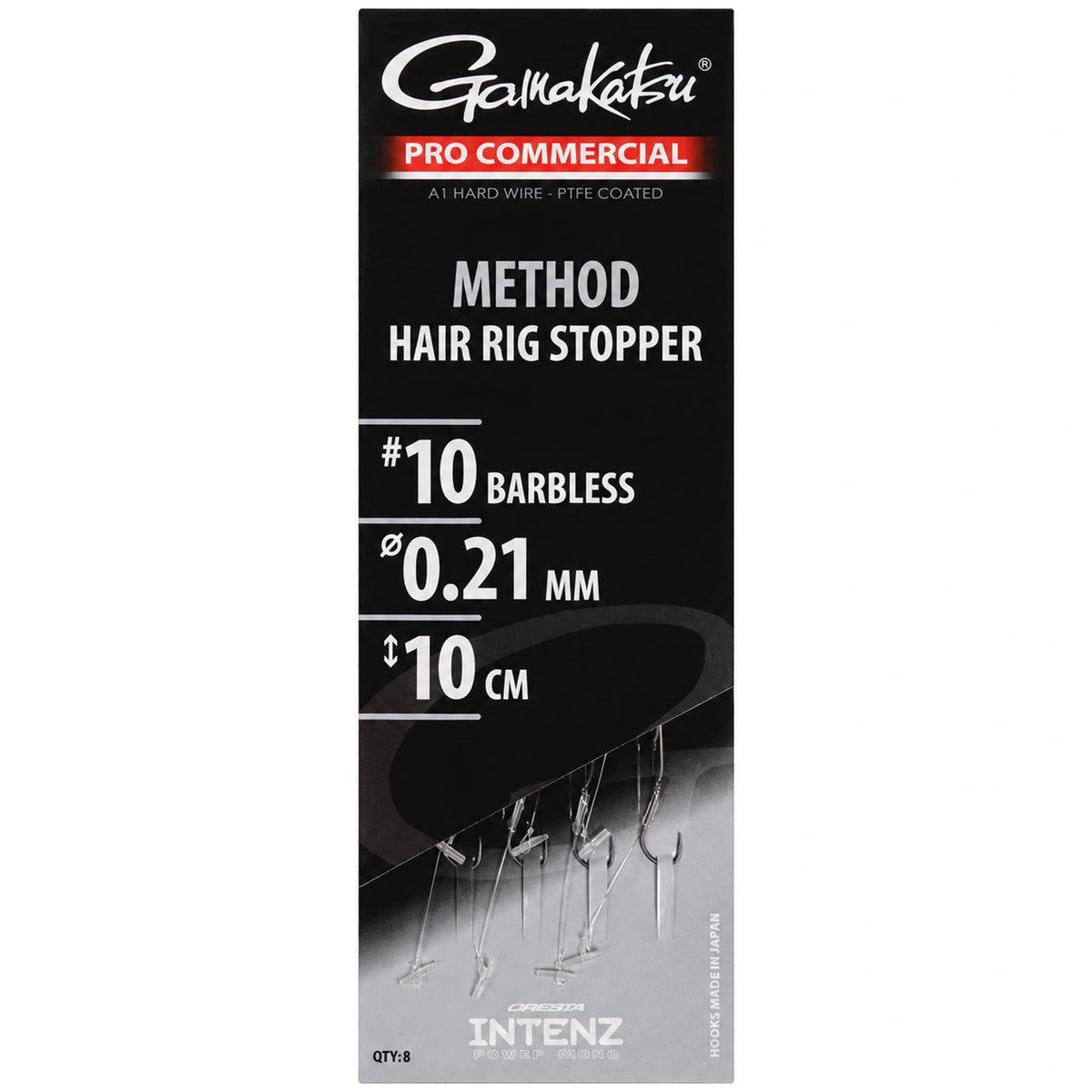 Gamakatsu Method Hair Rig Stopper onderlijnen, haak 10, 0,21 mm en 10 cm, met transparante stops in zwart-grijze verpakking