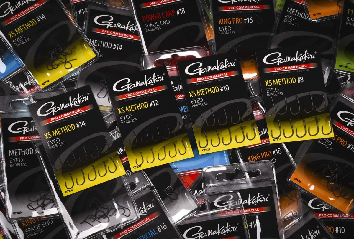 Gamakatsu Pro Commercial XS Method Eyed Barbless – close-up van weerhaakloze methodhaken met oog