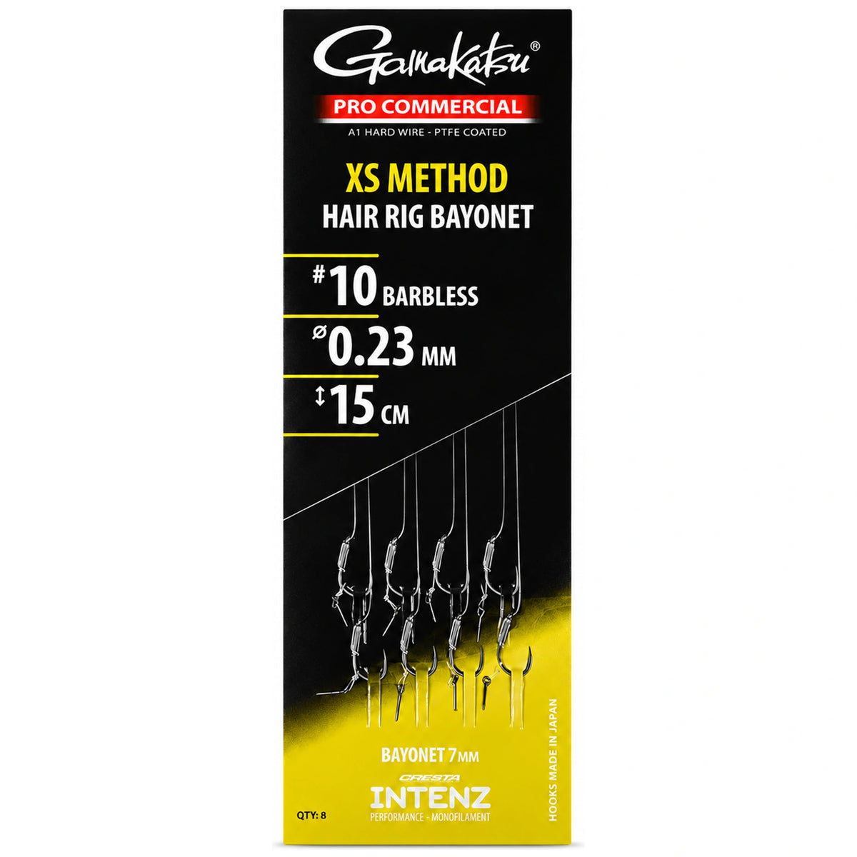 Gamakatsu XS Method Hair Rig Bayonet onderlijnen, haak 10, 0,23 mm en 15 cm, met 7 mm bayonets in zwart-gele verpakking