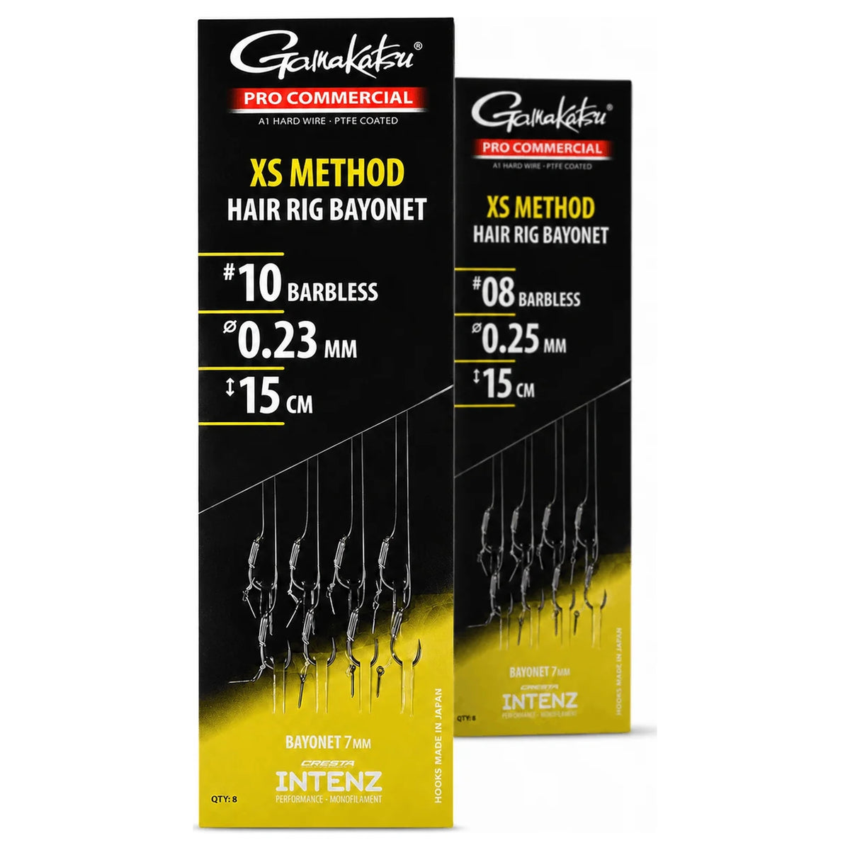 Gamakatsu XS Method Hair Rig Bayonet – verpakkingen maat 10/0,23 mm en maat 8/0,25 mm, beide 15 cm