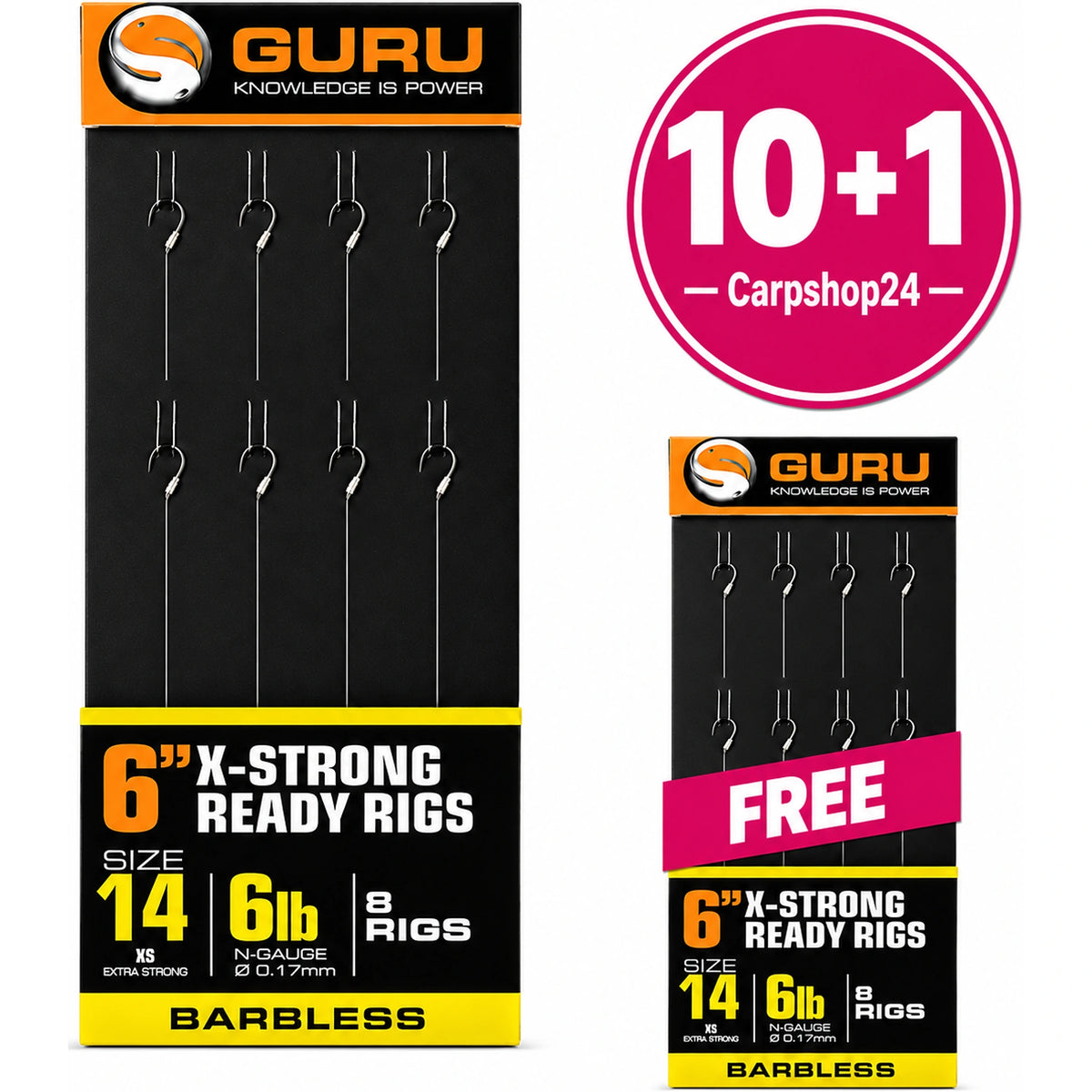 Guru X-Strong Ready Rigs: twee verpakkingen maat 14, 6 lb, met 10+1-badge en FREE-strook.