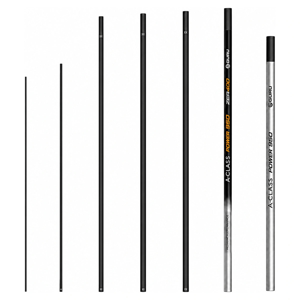 Guru A-Class Power Pole Pack – zeven hengeldelen met zwarte en zilveren modelopdruk