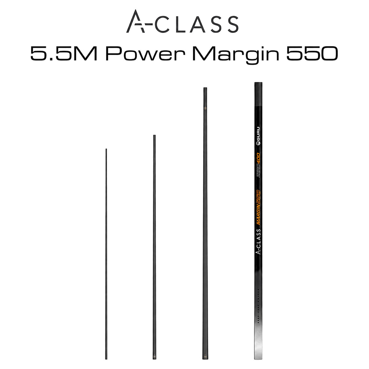 Guru A-Class Power Margin 550 van 5,5 meter met vier oorspronkelijke hengeldelen op witte achtergrond
