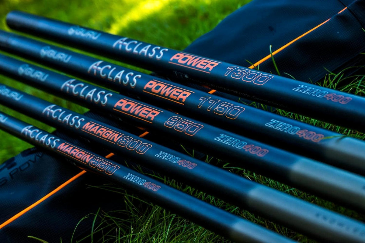 Guru A-Class hengelreeks met Power 1300, 1150 en 950 en Margin 800 en 550 naast elkaar