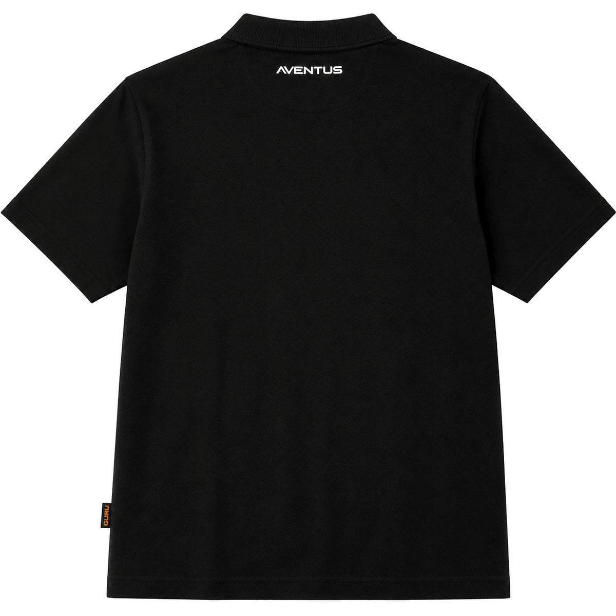 Guru Aventus Polo Black/Grey – volledige achterkant met witte Aventus-opdruk onder de kraag en Guru-zijlabel