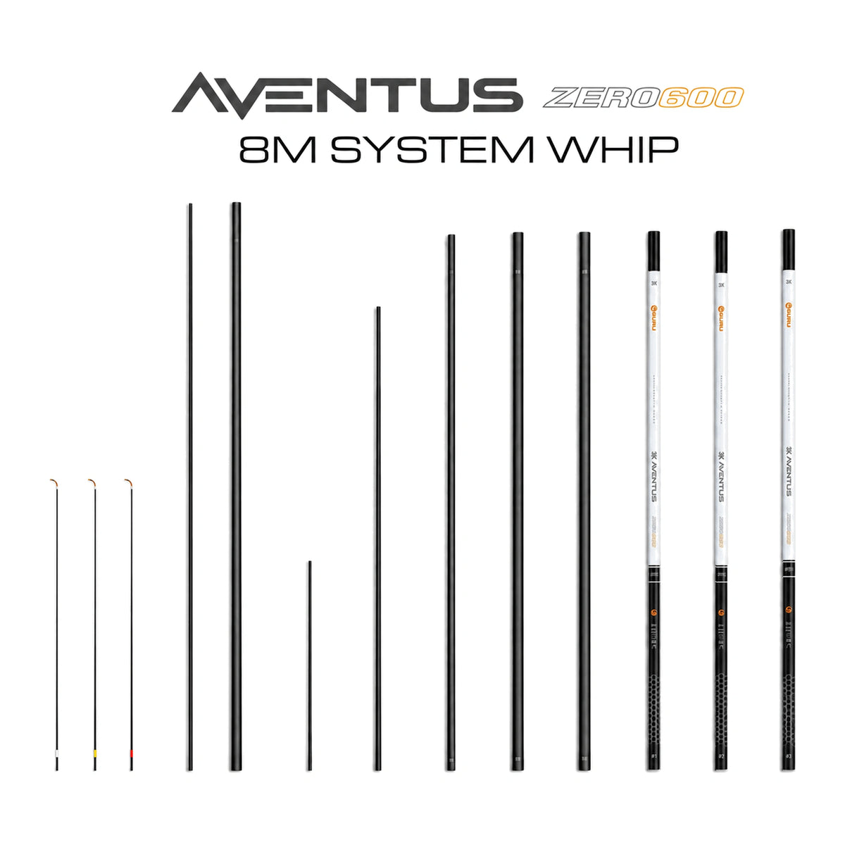 Guru Aventus Zero 600 8M System Whip met dertien hengeldelen en originele modelkop
