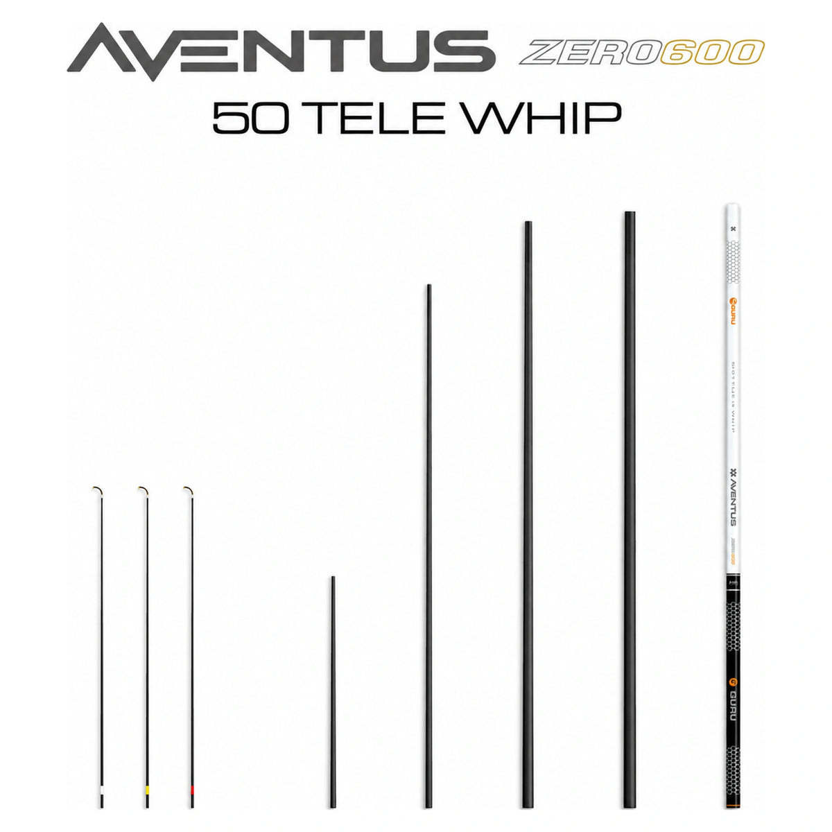 Guru Aventus Zero 600 Tele Whip 5,00 m: 50 Tele Whip met vijf hengeldelen en drie verwisselbare toppen