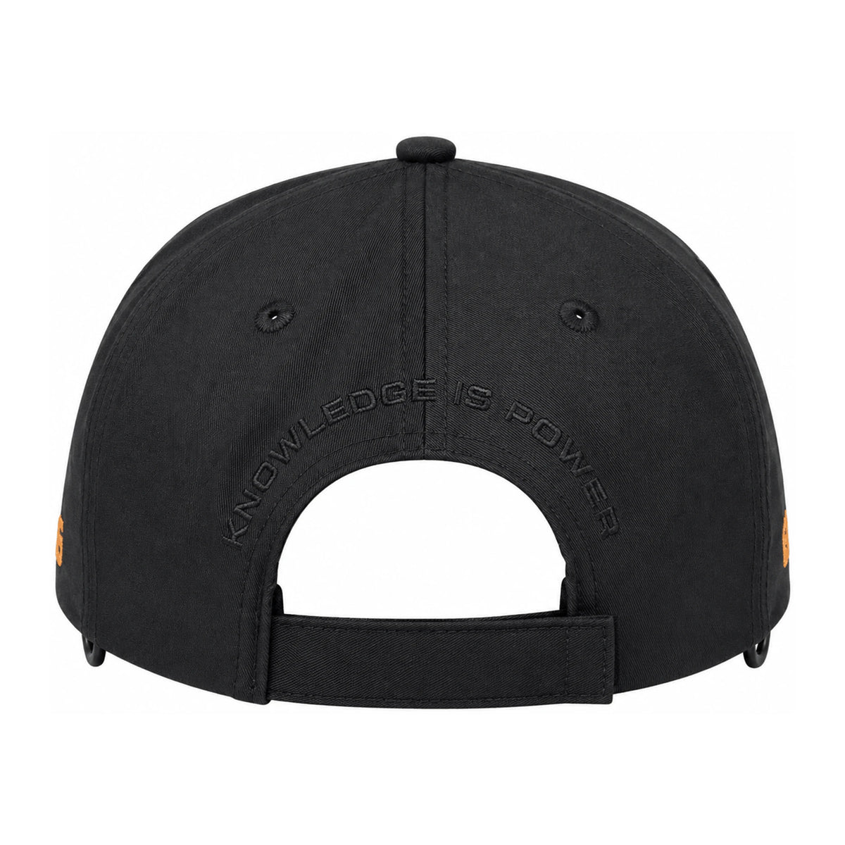 Guru Black 3D Cap – vrijstaande achterkant met verstelbare sluiting en Knowledge Is Power-opdruk