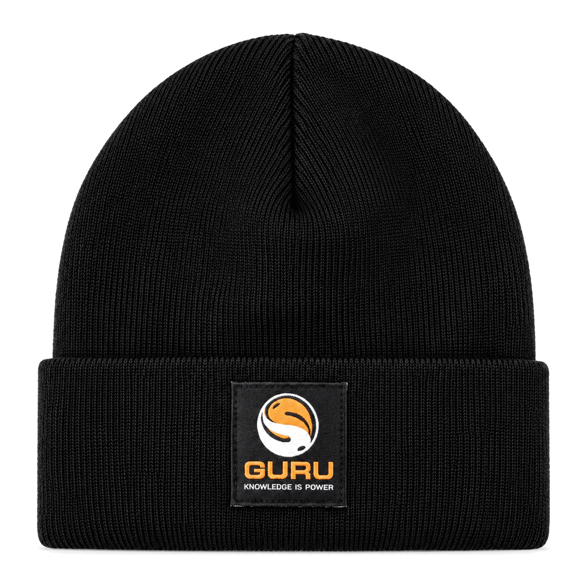 Guru Black Patch Beanie – zwarte gebreide muts met omgeslagen rand en oranje-witte Guru-patch, GBH09