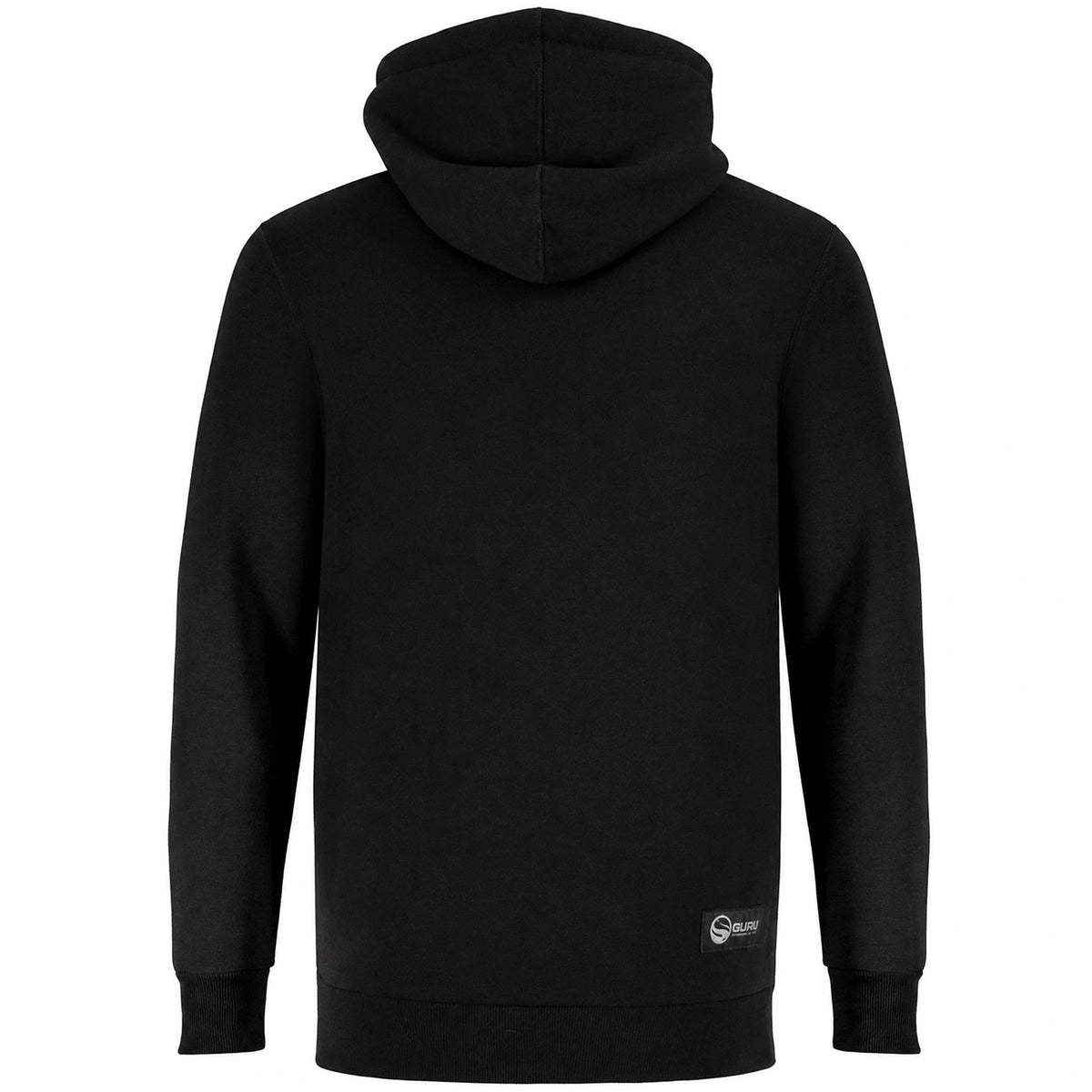 Guru Black Patch Hoodie – achteraanzicht met capuchon, ribboorden en klein Guru-label