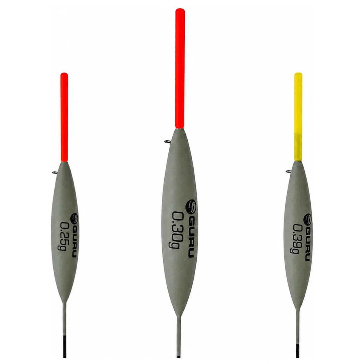 Guru F1 Carbon Stem dobbers met twee rode antennes en één gele antenne, met zichtbare GURU- en gewichtsopdruk