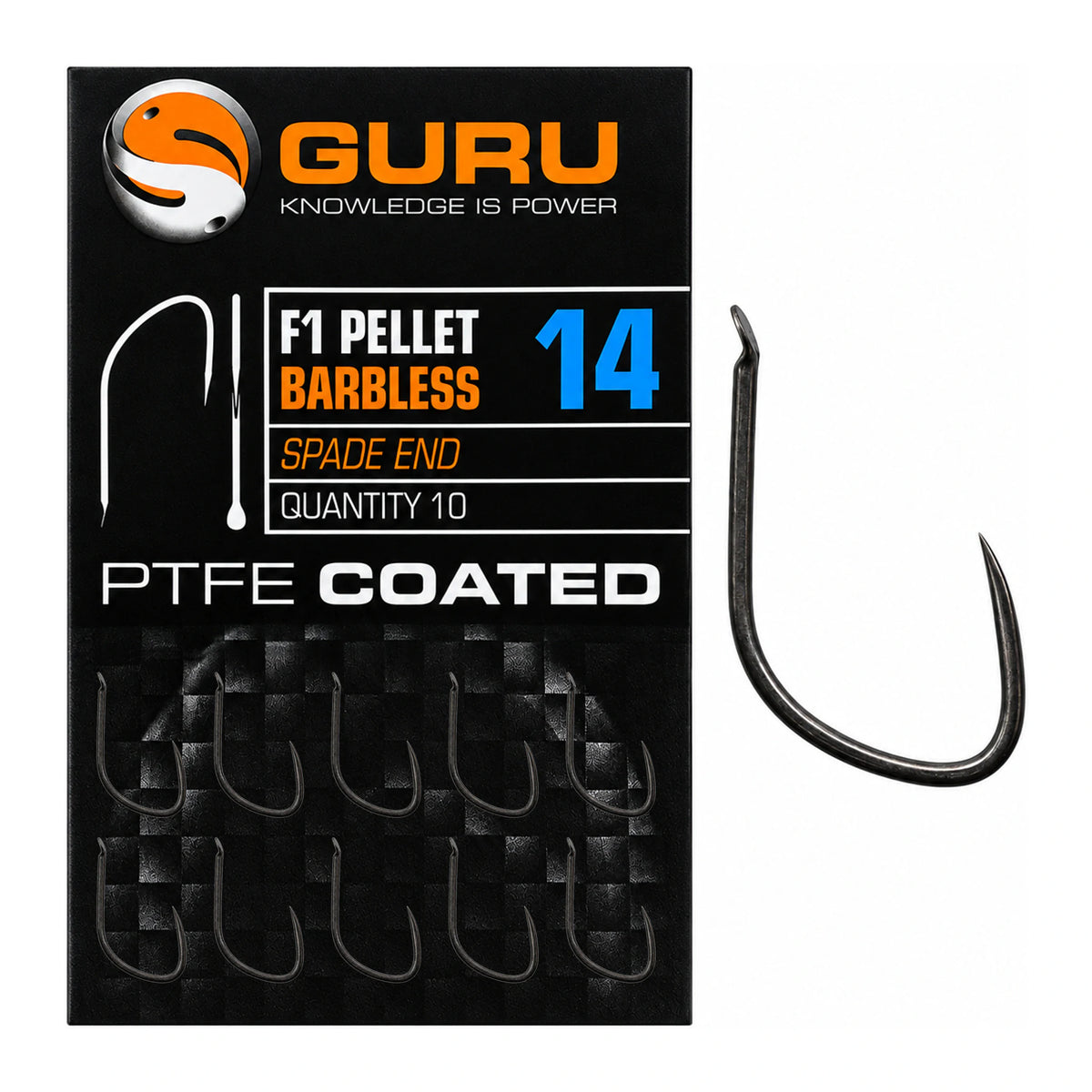 Guru F1 Pellet Barbless Spade End maat 14 met verpakking, tien haken en losse haak