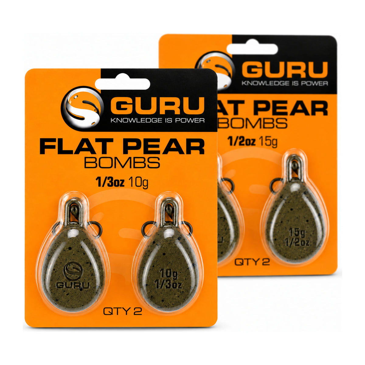 Guru Flat Pear Bombs: verpakking 10 g vooraan en verpakking 15 g achteraan, met twee wartelloden per verpakking