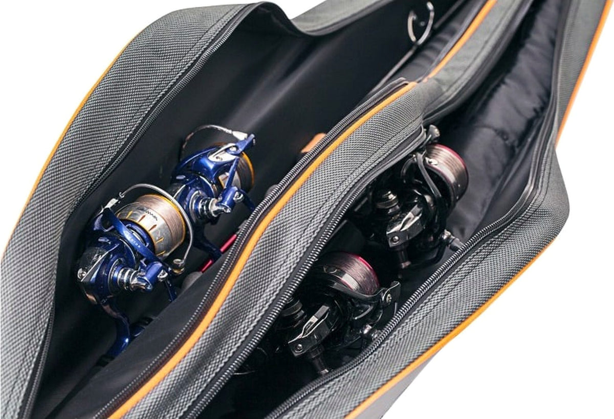 Guru Fusion Four Rod Holder – geopende vakken met vier molens, gevoerde scheidingen en oranje biezen