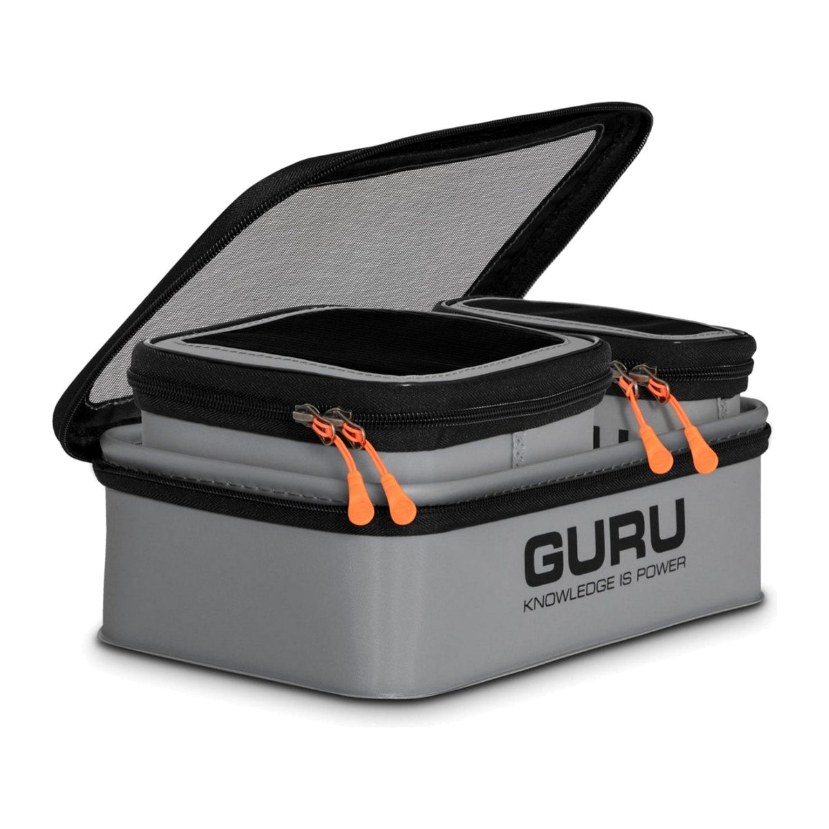 Guru Fusion Ventilator Combo 3 – grijze EVA-aasdozenset met twee inzetbakken, open gaasdeksel en oranje ritstrekkers