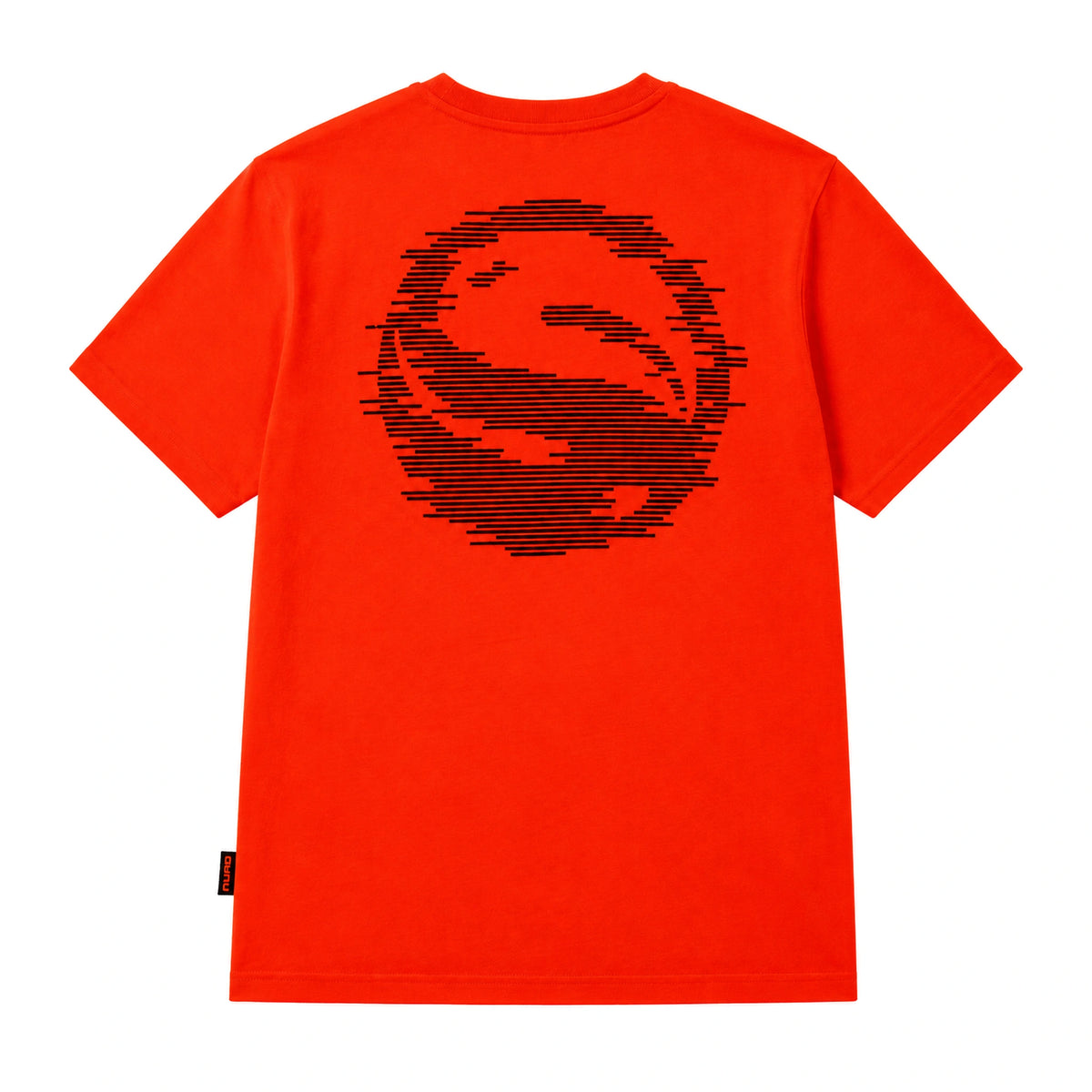 Guru Glitch Red Tee – achterzijde van het rode T-shirt met groot zwart glitch-vislogo