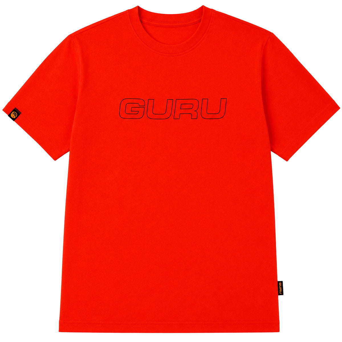 Guru Glitch Red Tee – voorzijde van het rode T-shirt met zwarte GURU-borstprint