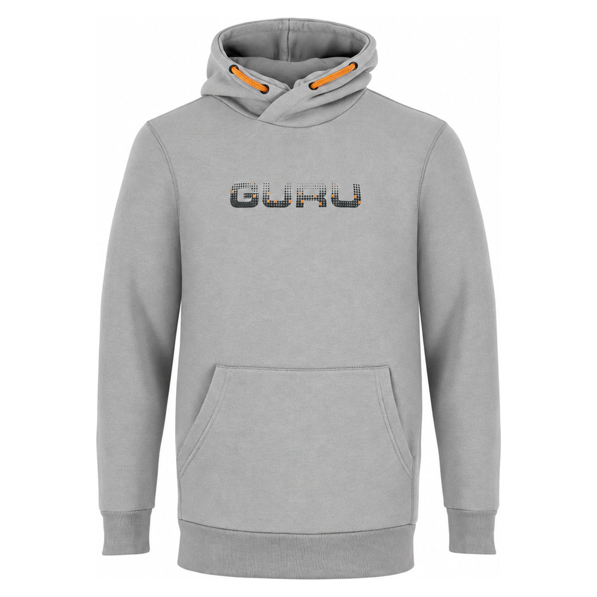 Guru Grey Circles Hoodie, grijze voorkant met Guru-borstlogo en oranje capuchonkoorden