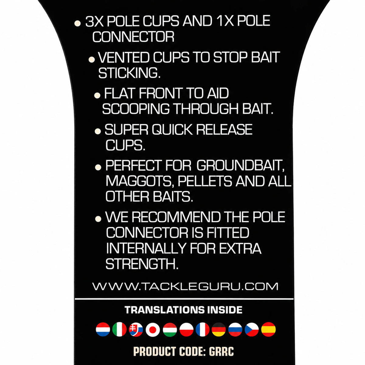 Guru Rapid Release Pole Cups GRRC – achterzijde verpakking met kenmerken en productcode GRRC