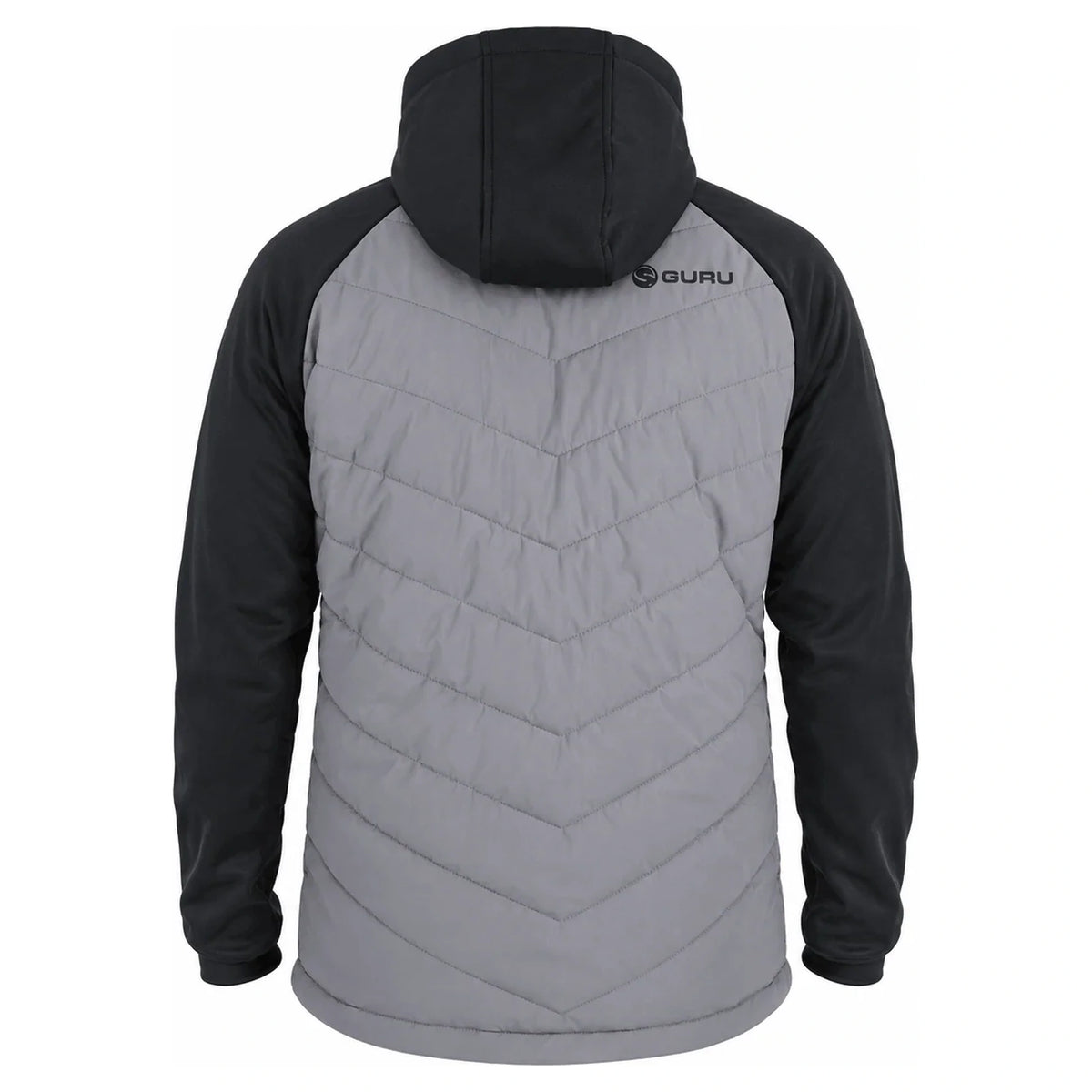 Guru Hybrid Charcoal Jacket – achteraanzicht van de grijze gewatteerde jas met zwarte mouwen en capuchon