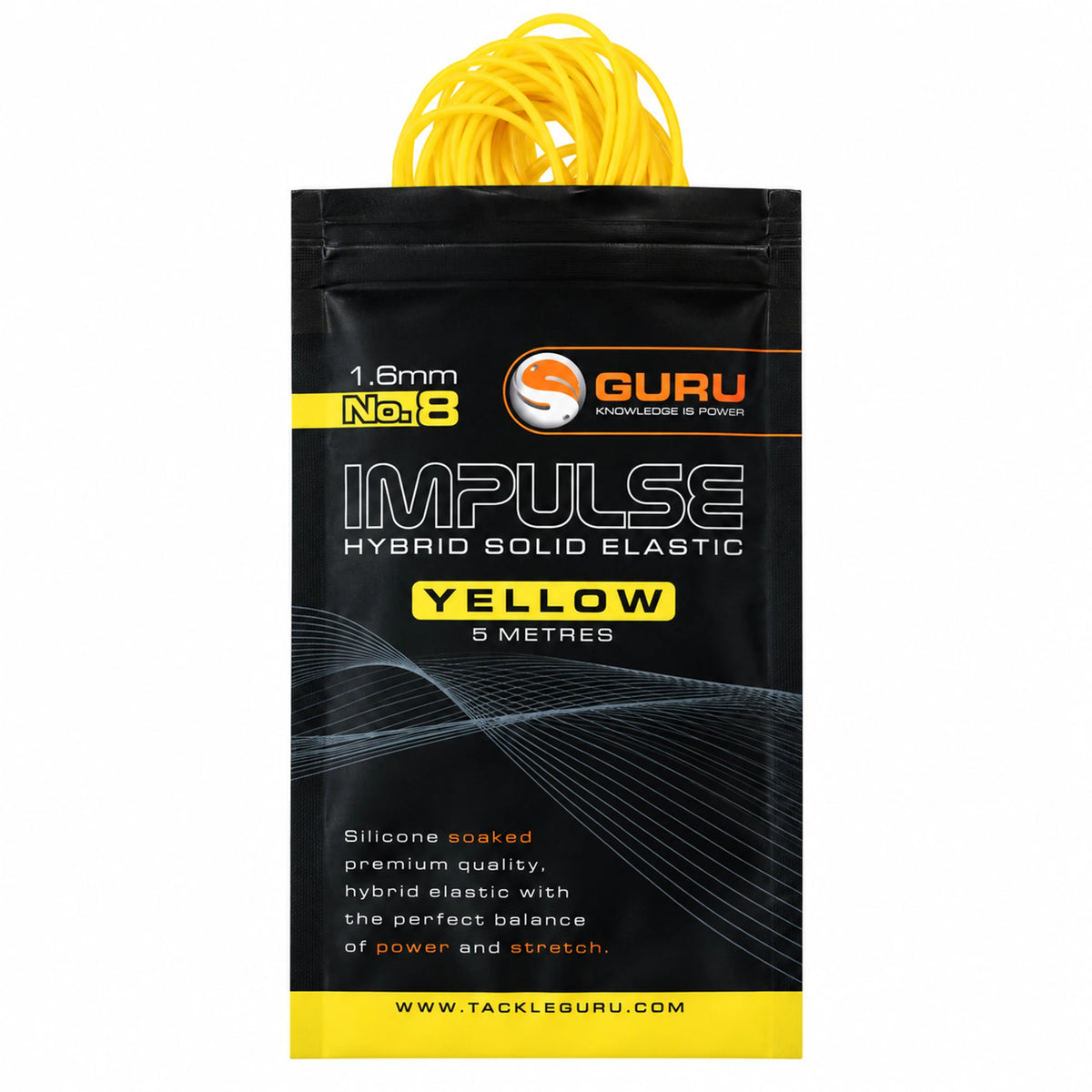 Guru Hybrid Elastic 5m 1.6 mm geel – verpakking met zichtbaar elastiek