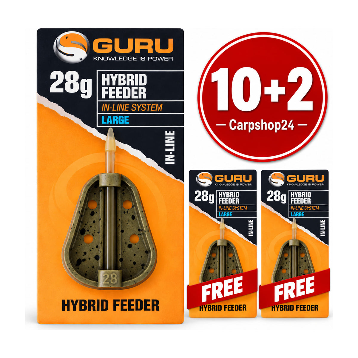 Guru Hybrid Feeder 28g Large 10+2-pakketdeal: één grote verpakking links en twee gratis rechts