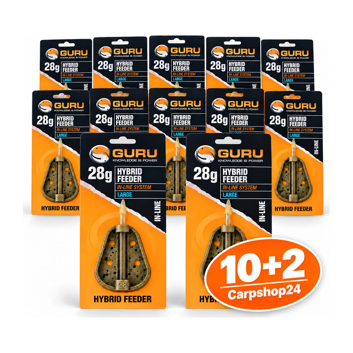 Guru Hybrid Feeder In-line 10+2 pakketdeal – twaalf verpakkingen; afgebeeld voorbeeld: 28g Large
