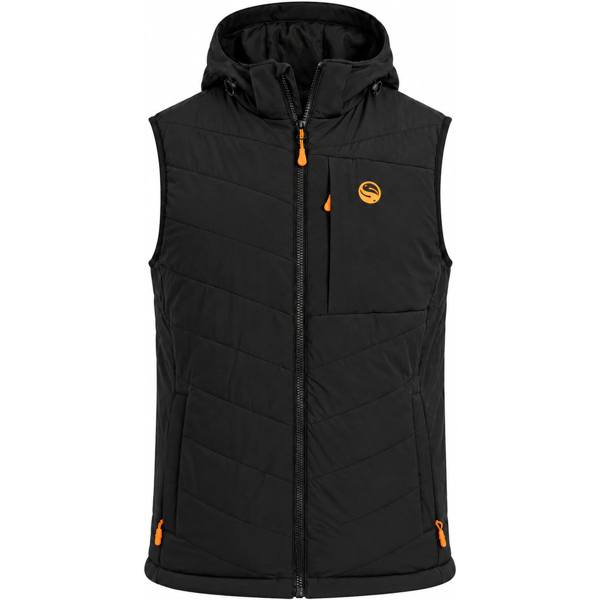 Guru Hybrid Gilet – zwarte bodywarmer met capuchon, oranje logo en ritstrekkers