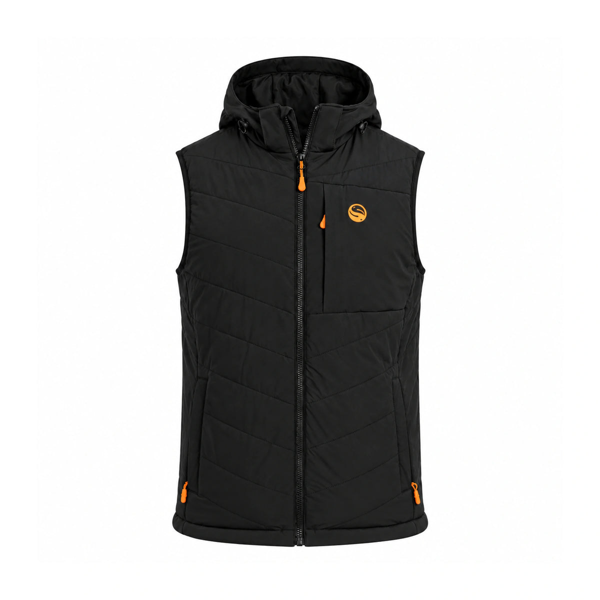 Guru Hybrid Gilet – vooraanzicht van zwarte bodywarmer met capuchon en oranje details