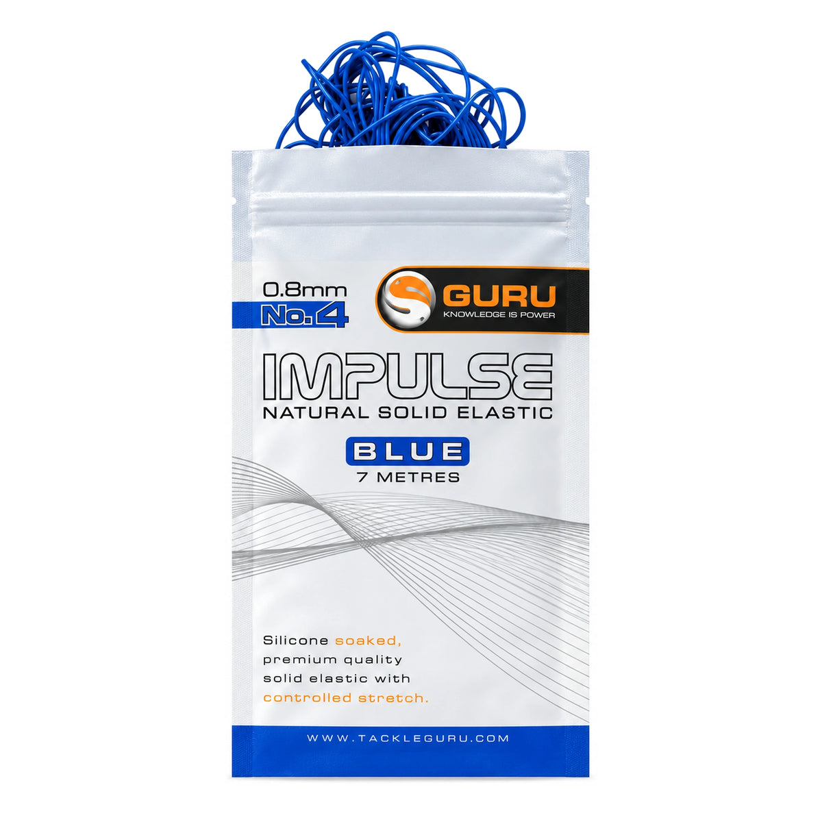 Guru Impulse Natural Solid Elastic Blue 0.8 mm No.4: volledige verpakking met blauw elastiek en 7 meter opdruk