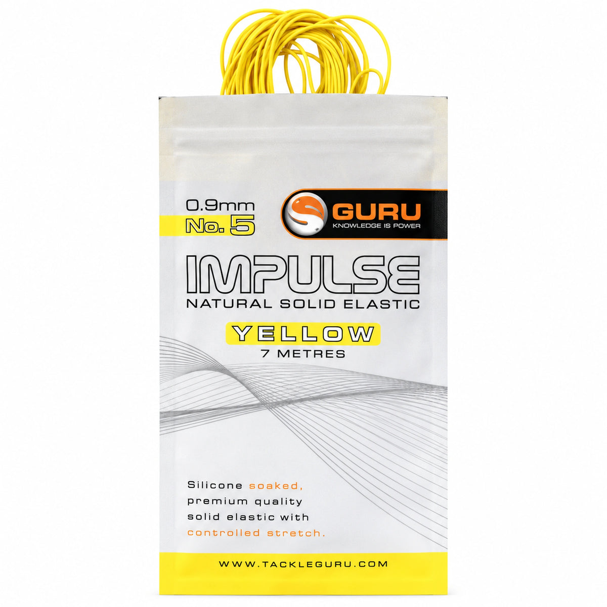 Guru Impulse Natural Solid Elastic Yellow 0.9 mm No.5: verpakking met geel elastiek, 7 meter