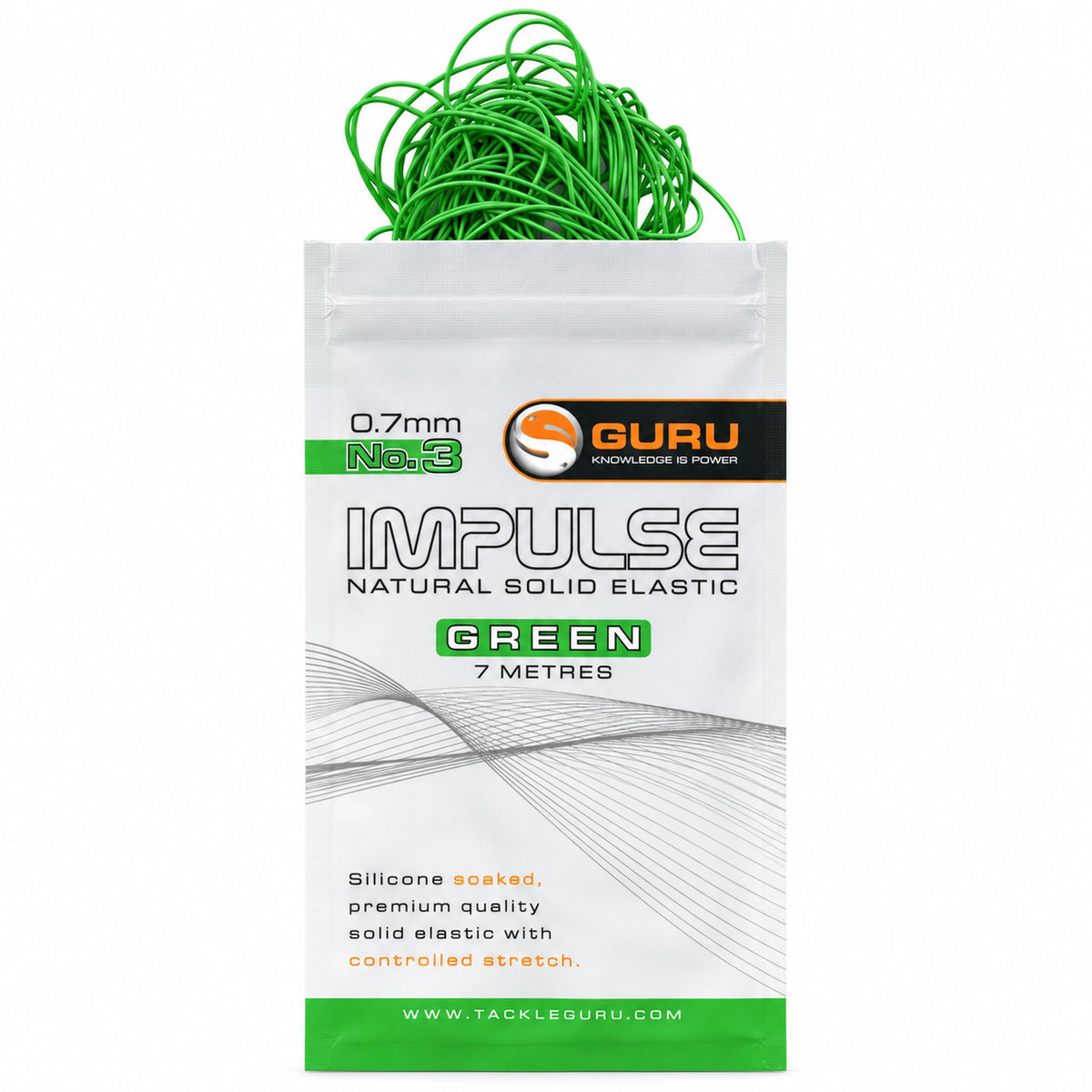 Guru Impulse Natural Solid Elastic Green 0.7 mm No.3: verpakking met groen elastiek, 7 meter
