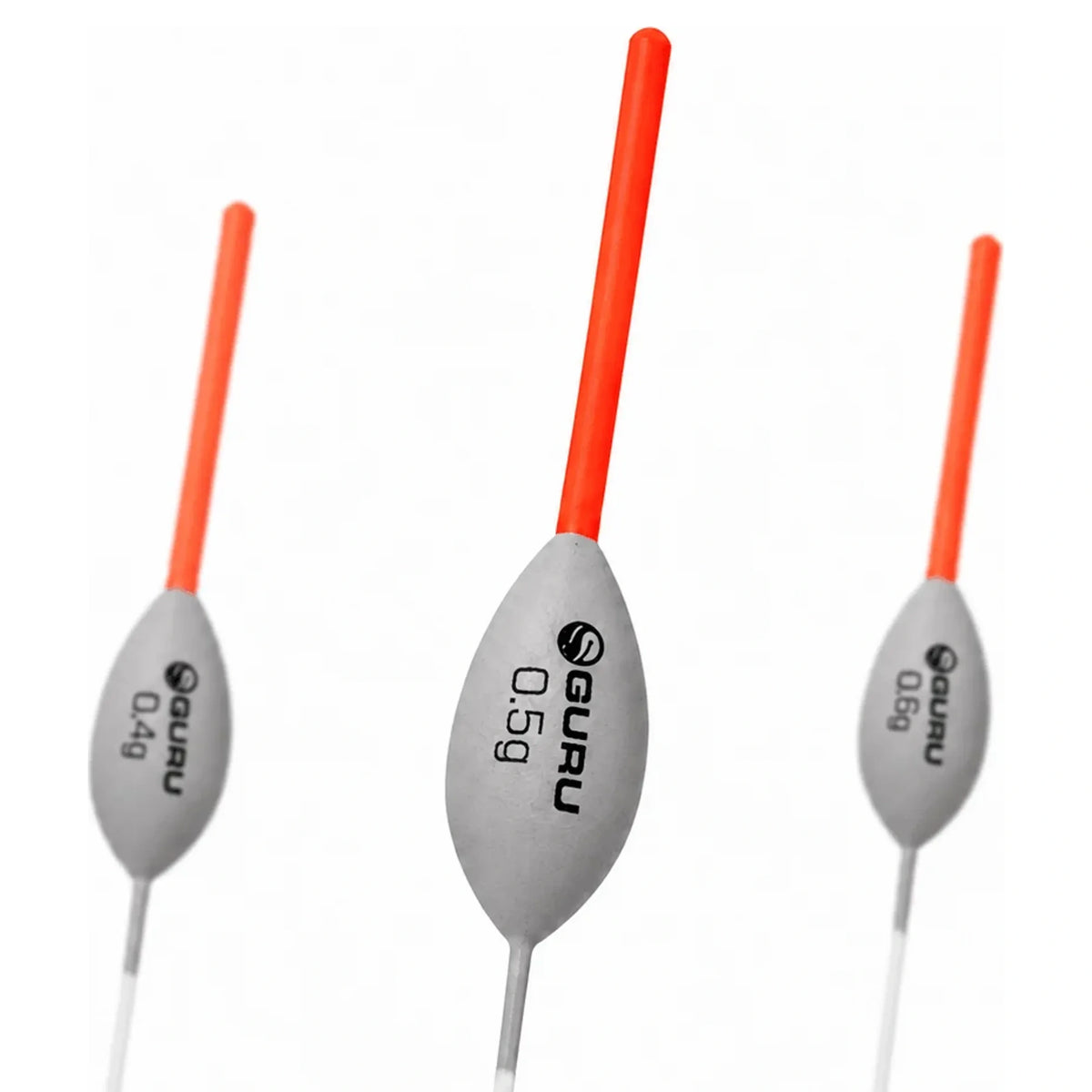Drie Guru JL dobbers met grijze body en oranje antenne, 0,4 g, 0,5 g en 0,6 g