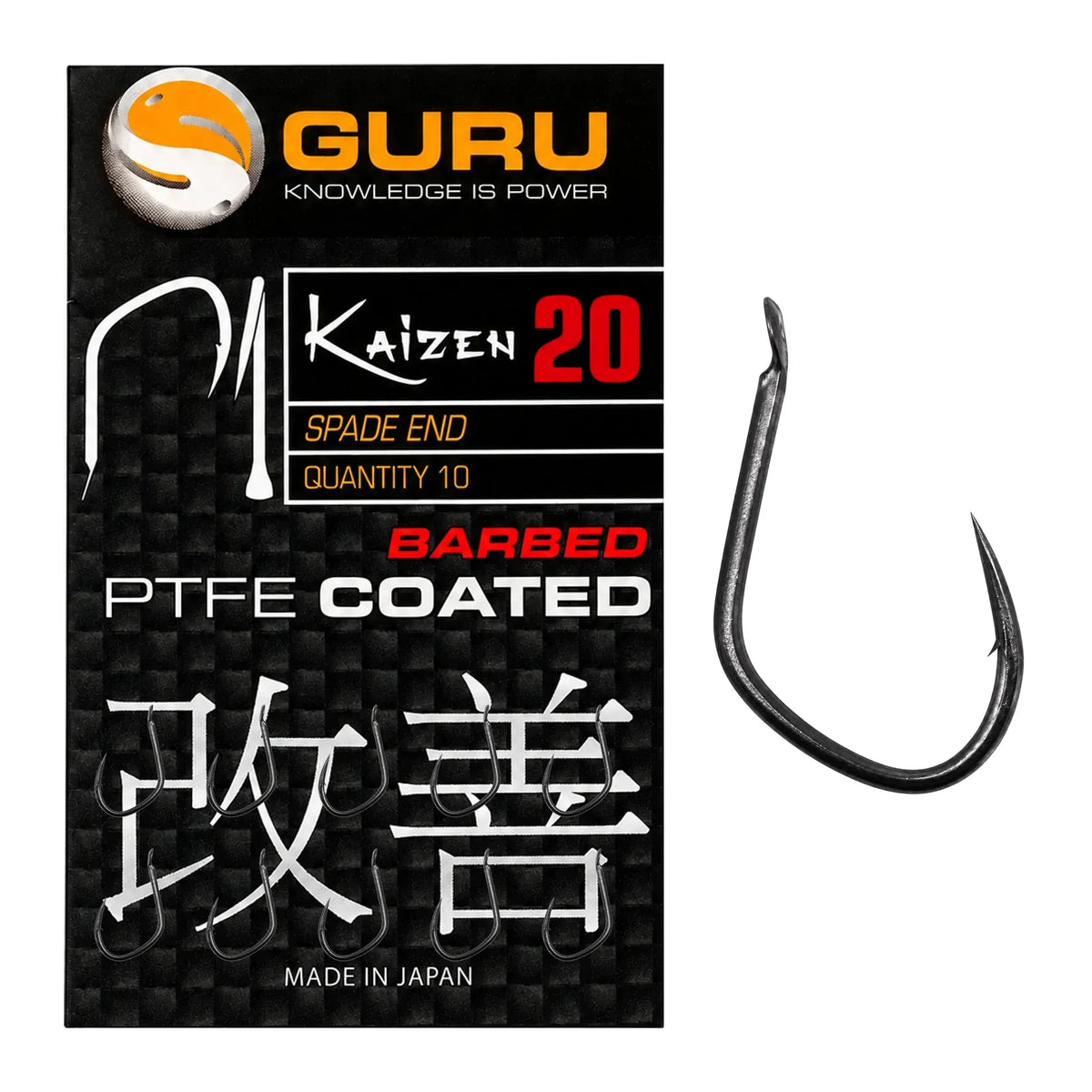 Guru Kaizen Spade Barbed haak maat 20 – verpakking met 10 haken en losse haak met bled en weerhaak