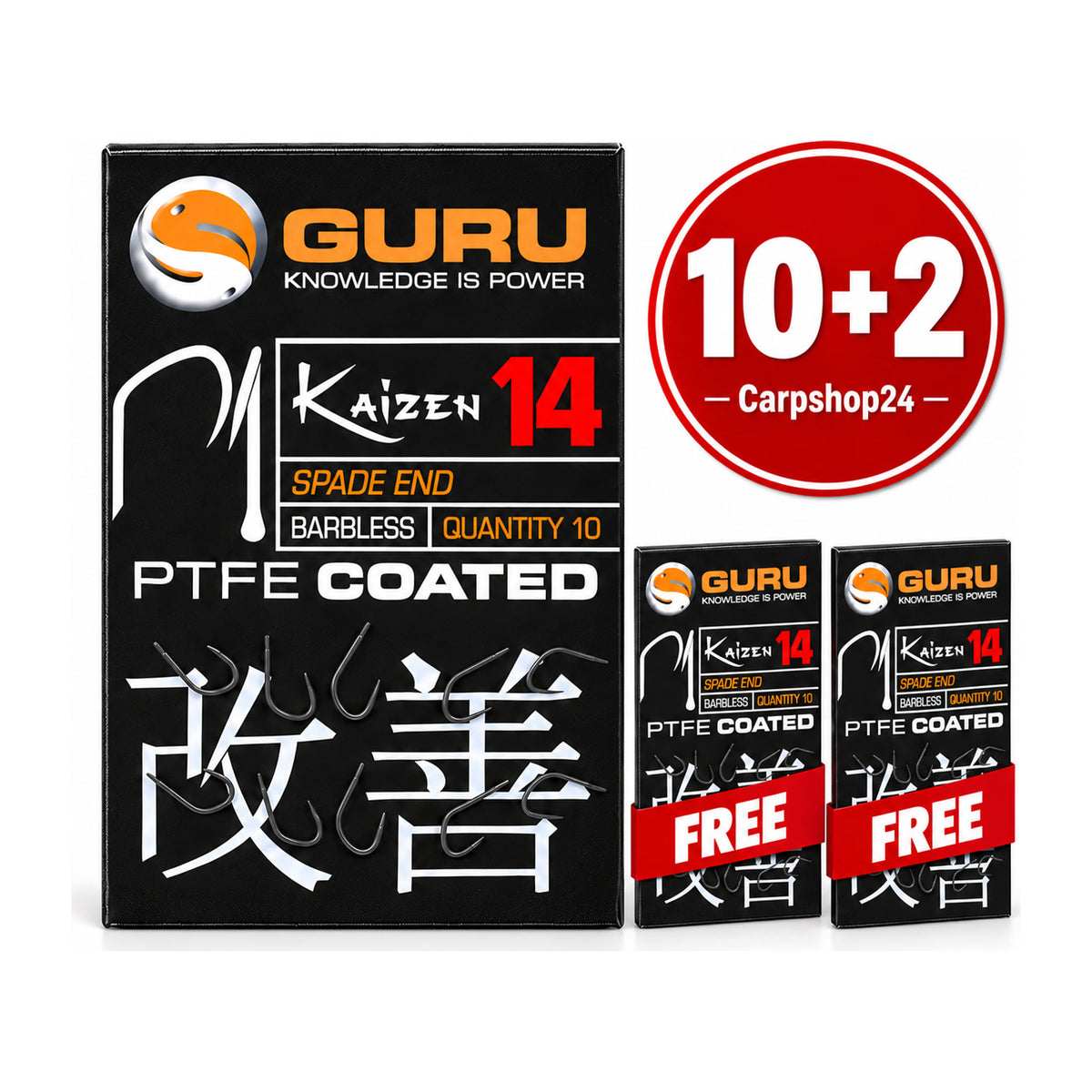 Guru Kaizen Spade End Barbless maat 14 10+2-deal: één groot pak links en twee gratis rechtsonder