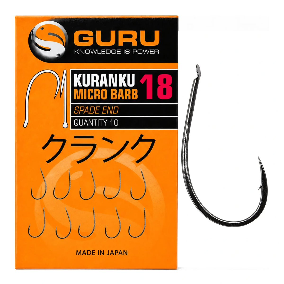 Guru Kuranku Micro Barb Spade End haakmaat 18 met weerhaak, verpakking van 10 haken en losse haak