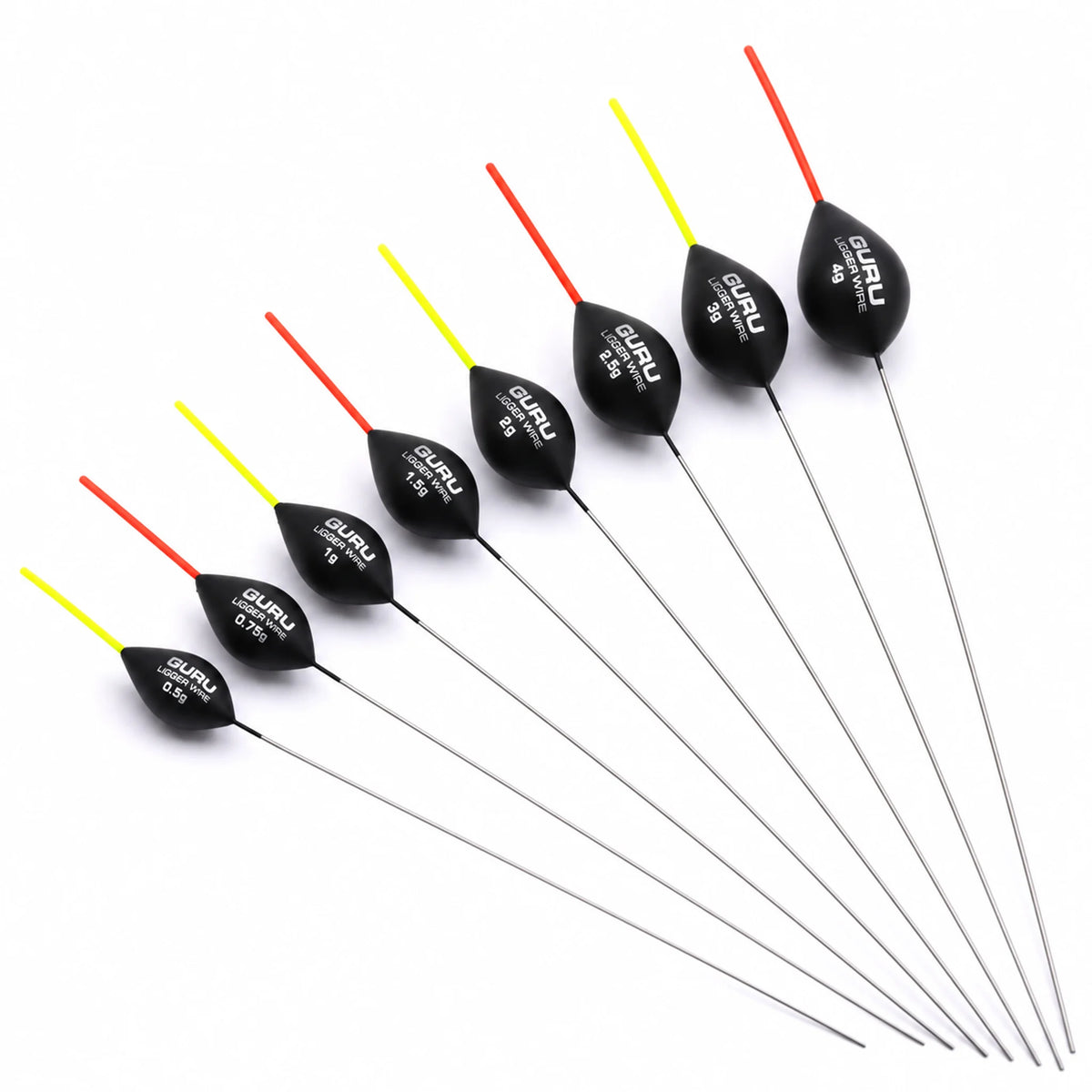 Guru Ligger Wire dobbers in acht gewichten van 0,5 tot 4 gram, tweede overzichtshoek
