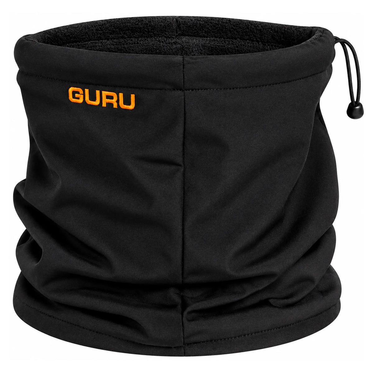 Guru Neck Warmer – zwarte nekwarmer met oranje Guru-logo en verstelbaar trekkoord