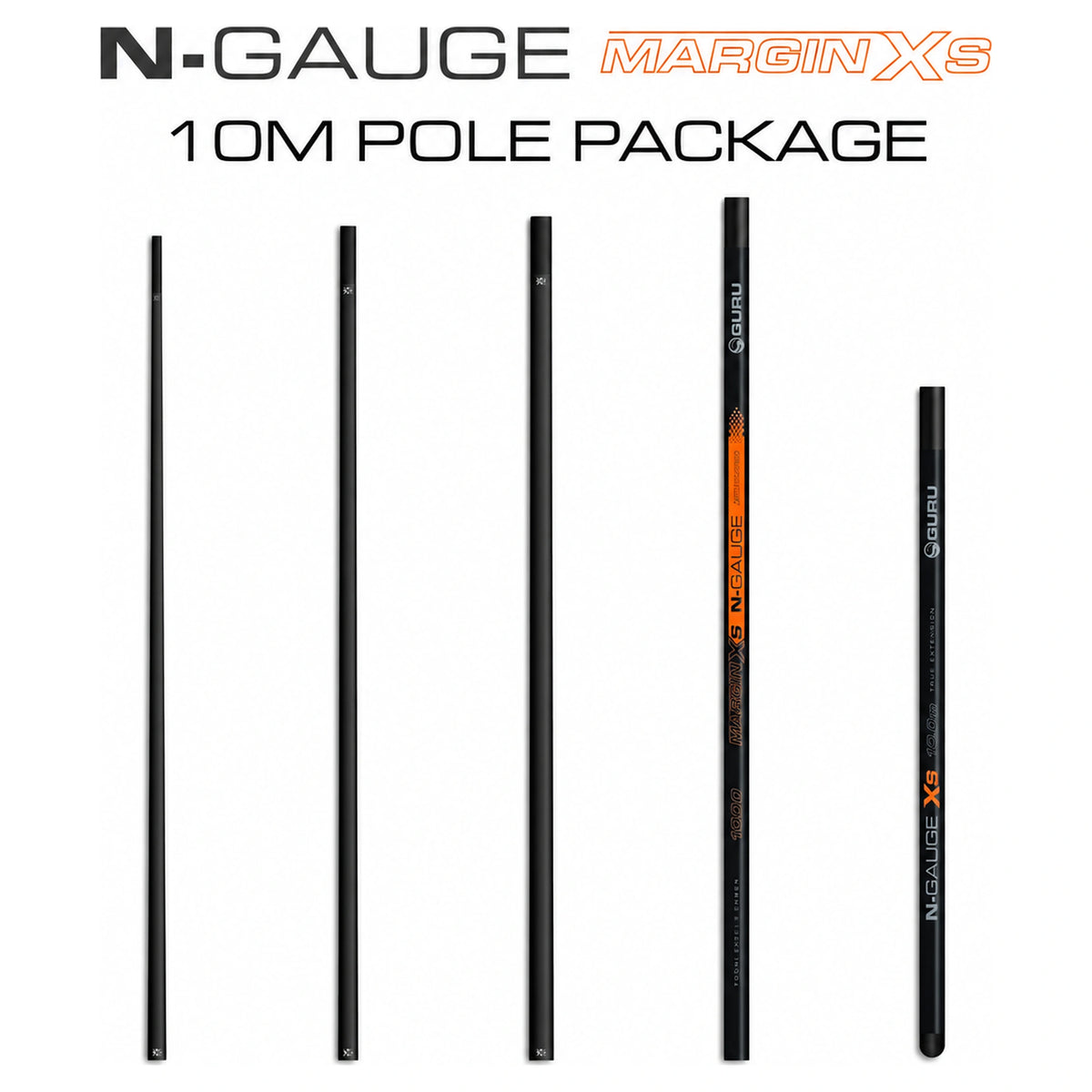 Guru N-Gauge Margin XS 10 m Pole Package – overzicht van de zwarte hengeldelen en True Extension