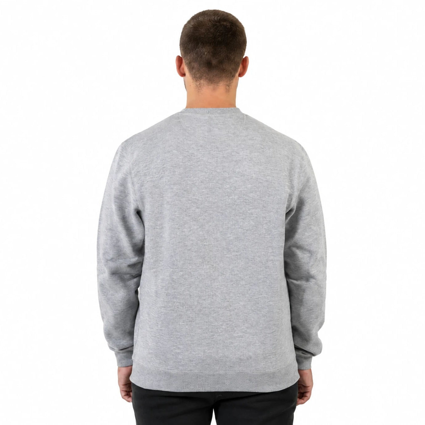 Achteraanzicht van de Guru Patch Crewneck Grey met effen rug en geribde zoom