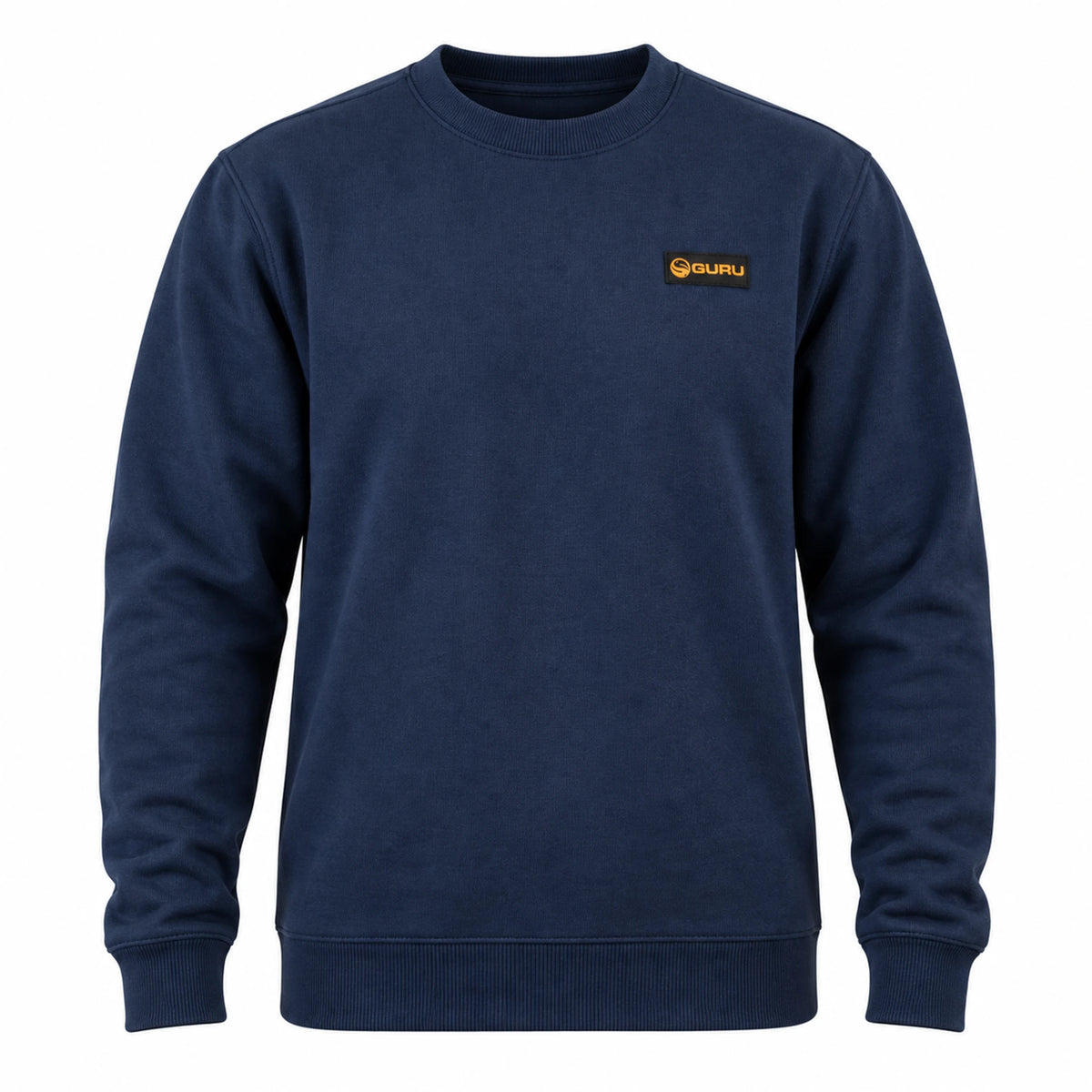 Guru Patch Crewneck Navy marineblauwe sweater met ronde hals en oranje Guru-borstpatch
