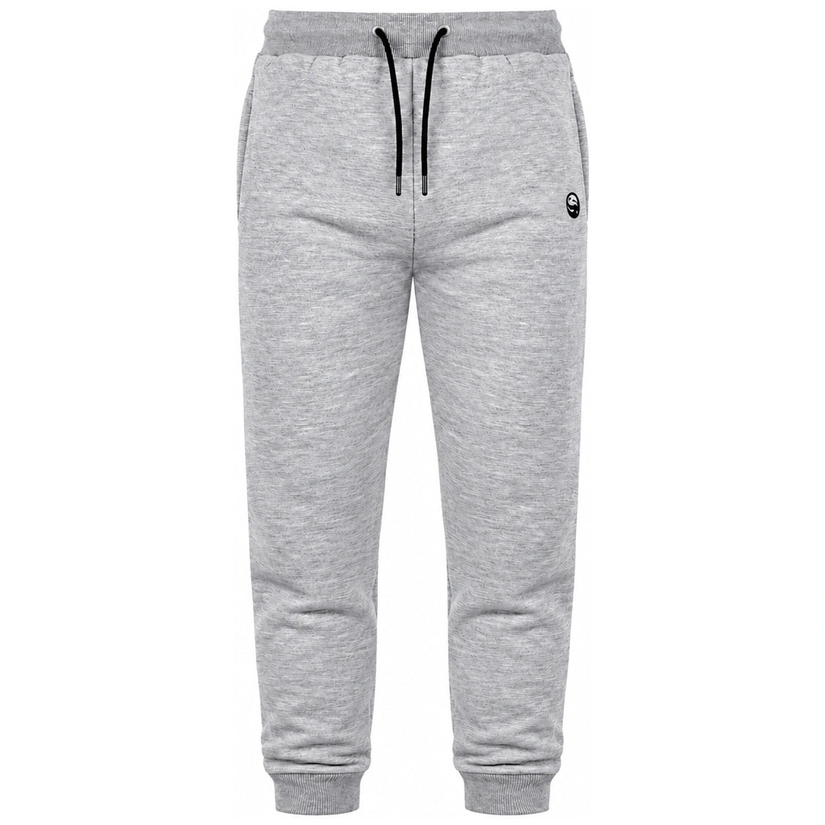 Vooraanzicht van lichtgrijze gemêleerde Guru joggingbroek met zwarte trekkoorden en logo op de heup