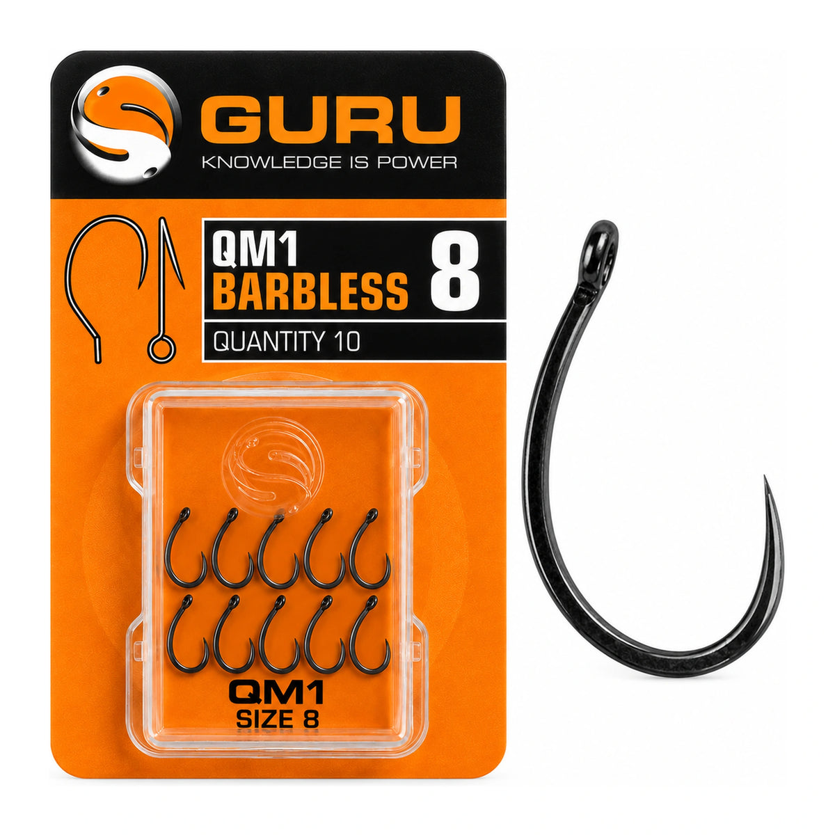 Guru QM1 Barbless haak maat 08 – verpakking met tien haken