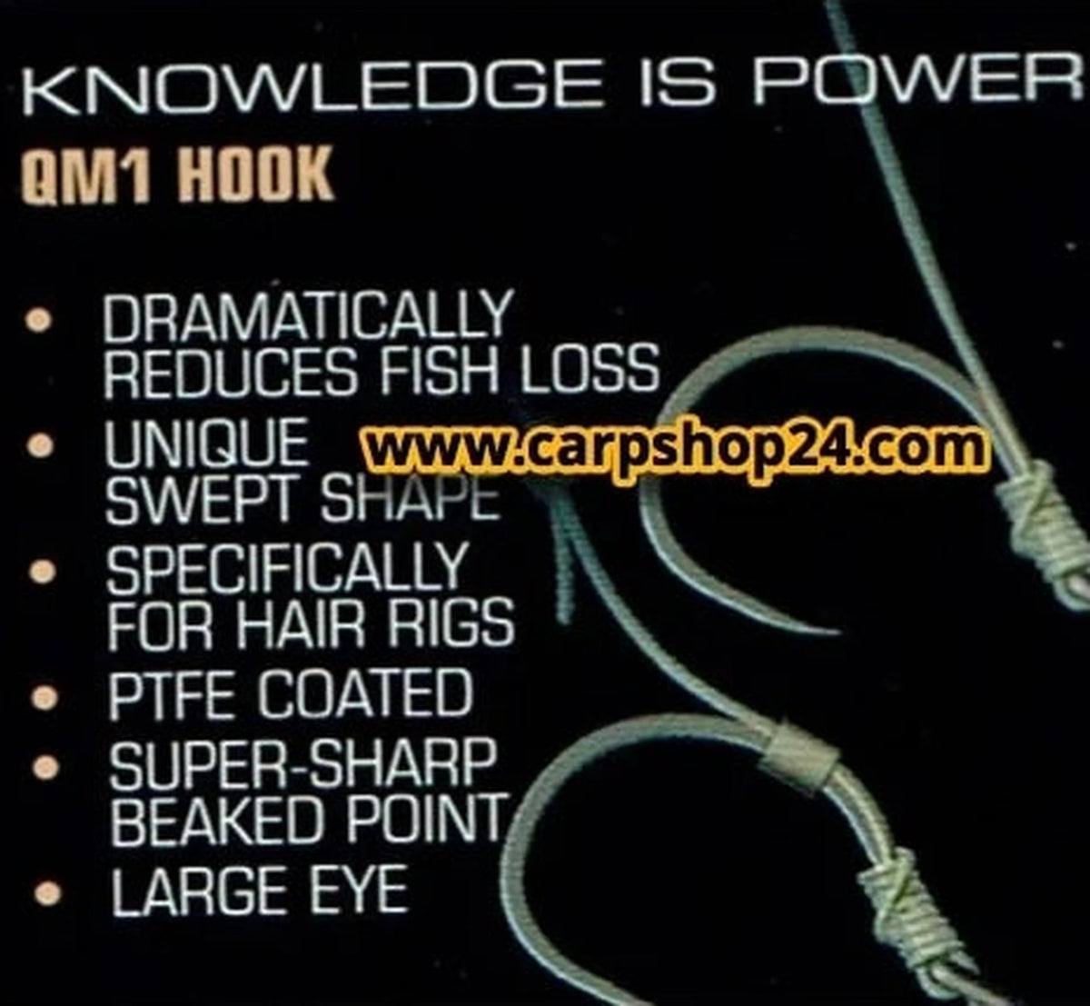 Kenmerken van de Guru QM1 Barbless-haak met Carpshop24-watermerk