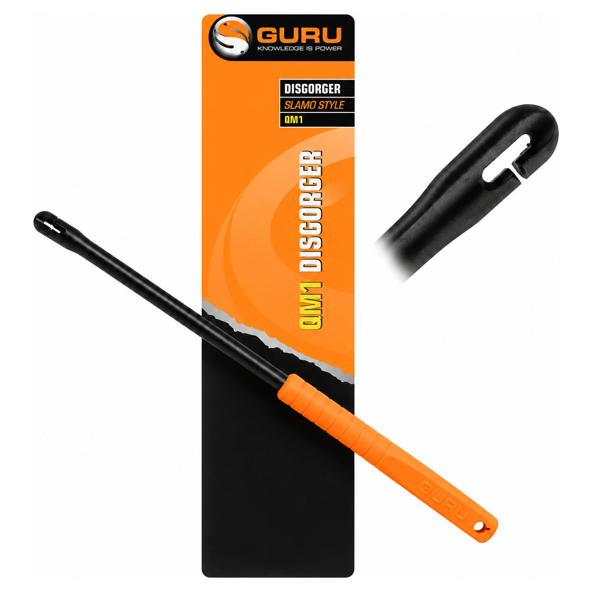 Guru QM1 - zwarte onthaker met oranje handvat, verpakking en vergroot kopdetail