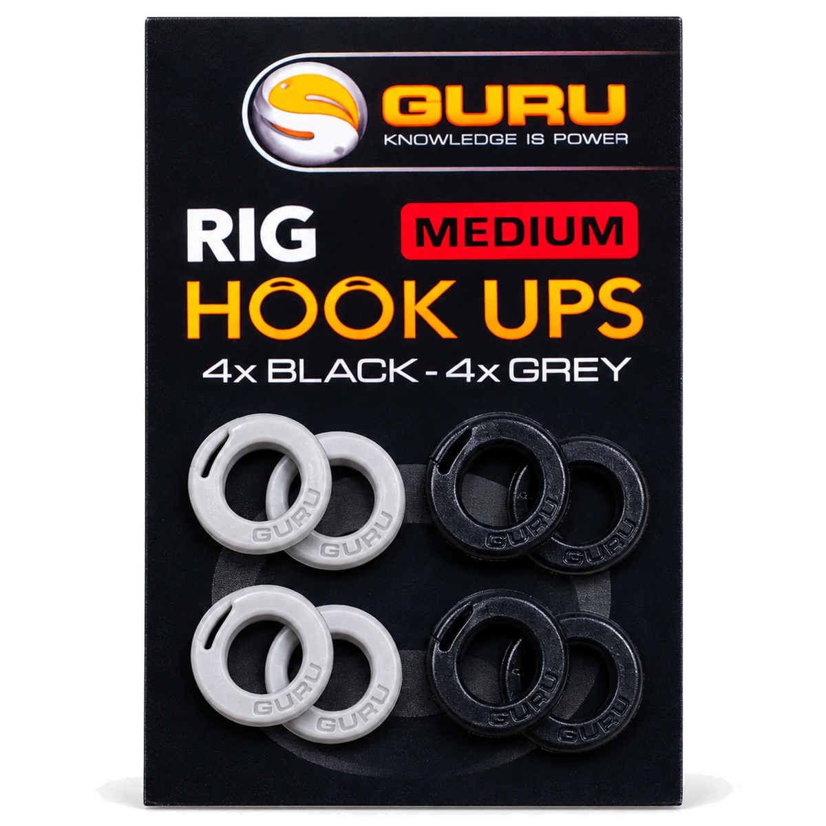 Guru Rig Hook Ups Medium – verpakking met vier zwarte en vier grijze tuighouders