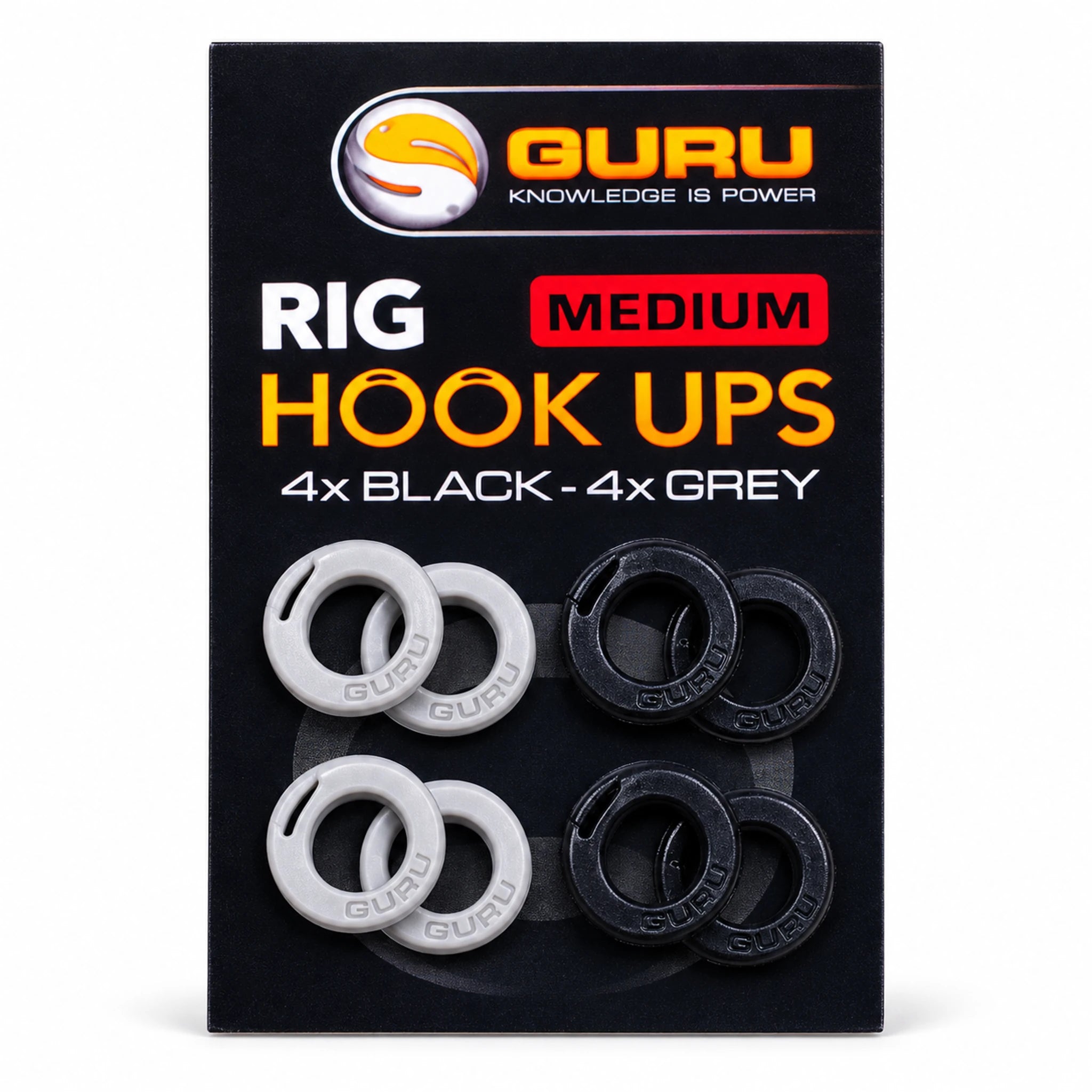 Guru Rig Hook Ups Medium – verpakking met vier zwarte en vier grijze tuighouders