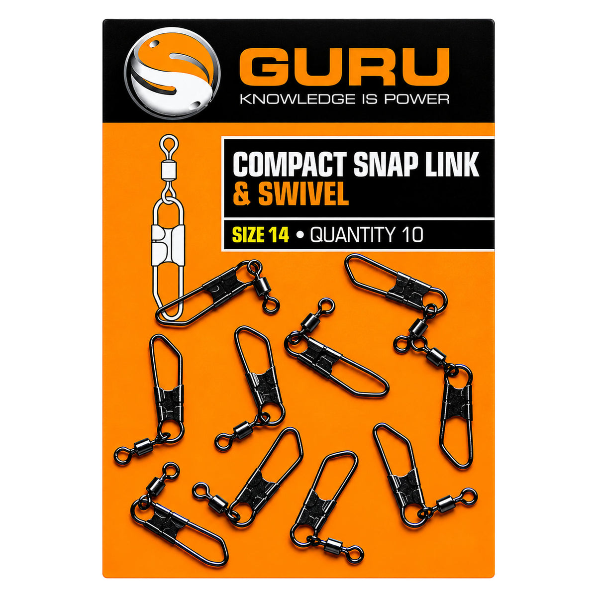Guru Compact Snap Link & Swivel maat 14 – verpakking met 10 zwarte speldwartels
