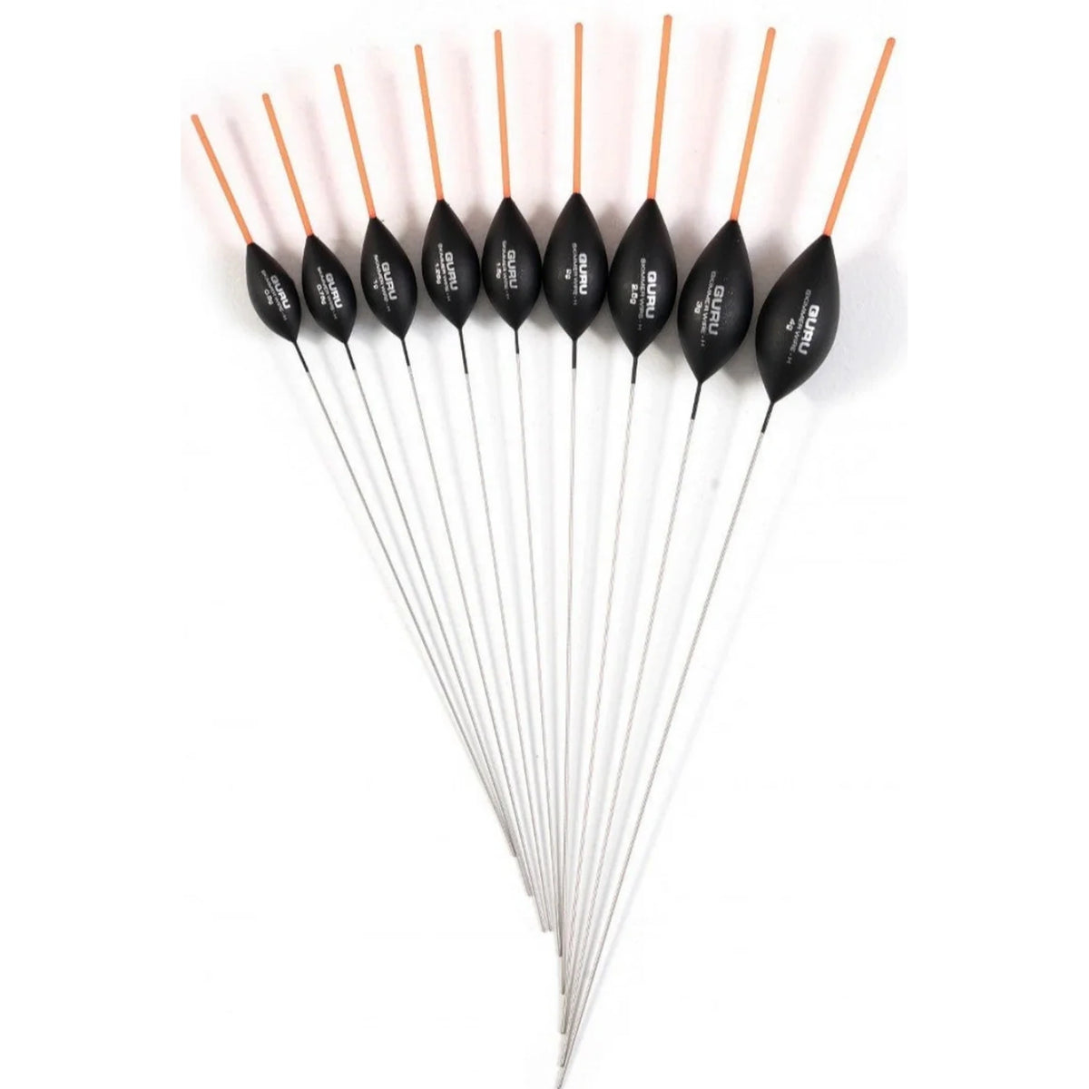 Guru Skimmer Hollow Wire dobbers in negen gewichten met oranje antennes en draadstelen